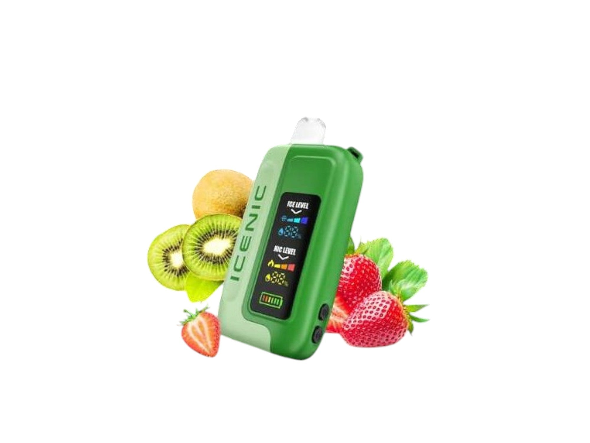 Green electronic device with digital display surrounded by fruits on a white background