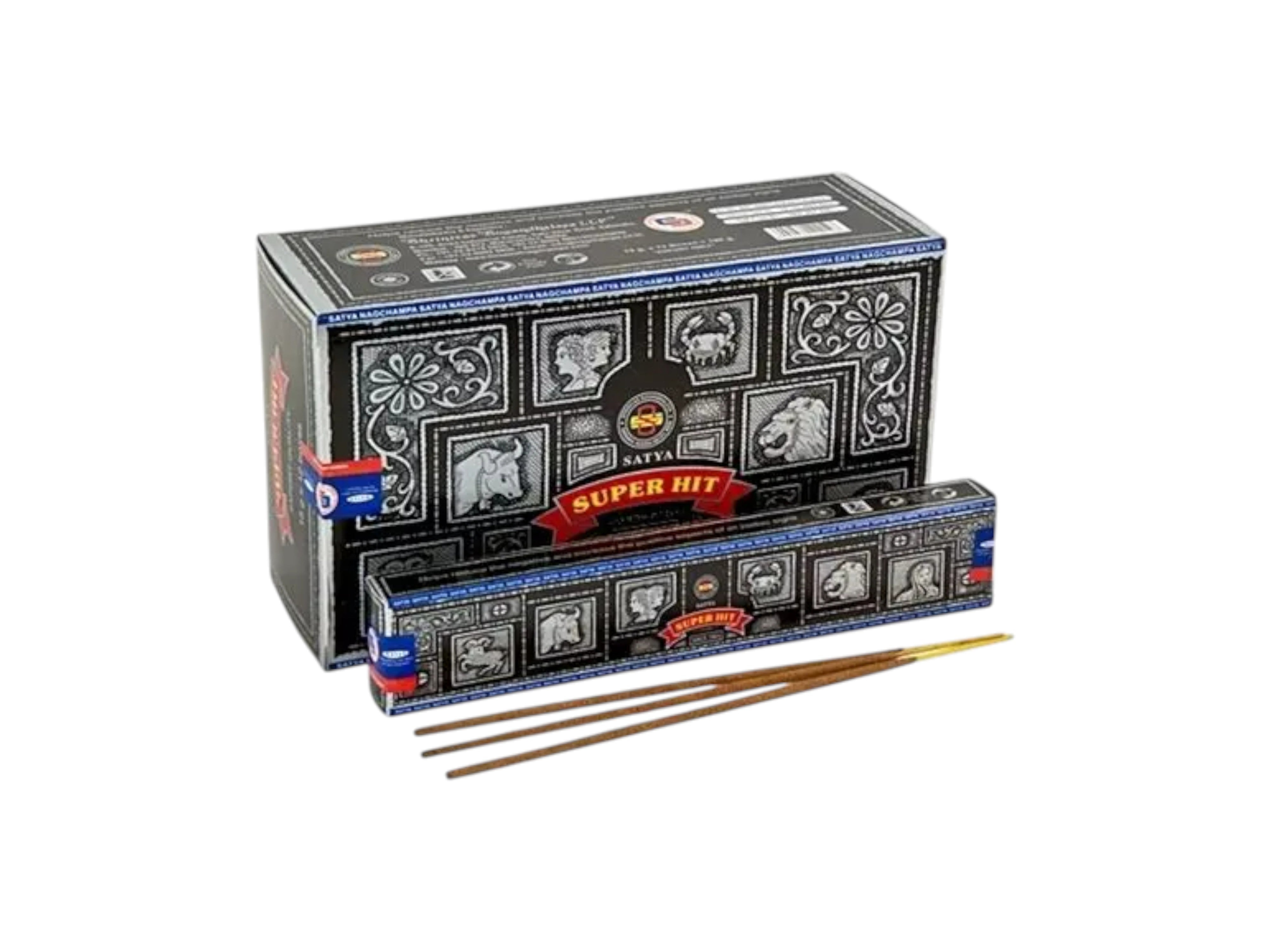 Box of incense sticks with sticks displayed in front on a white background