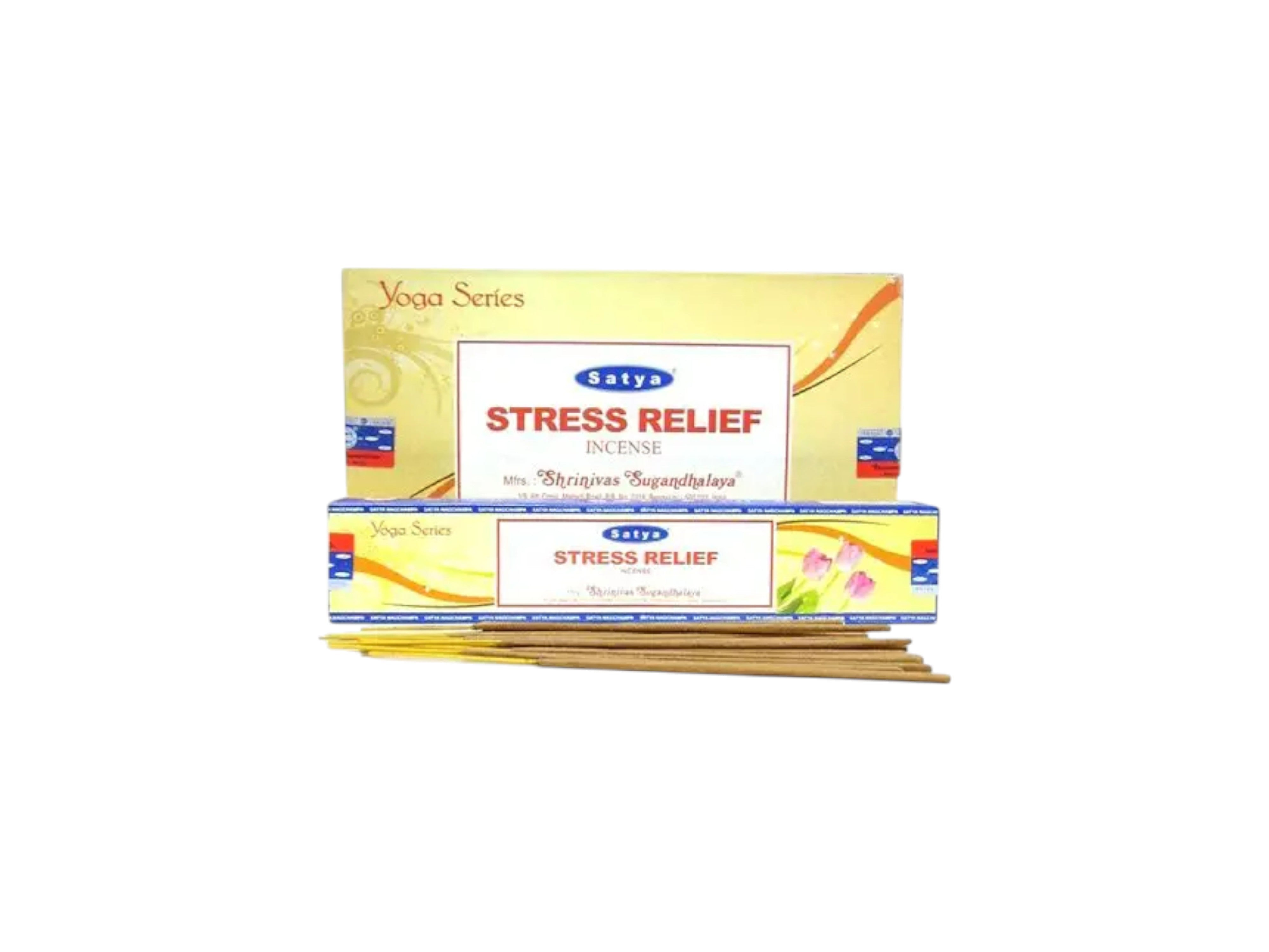 Two boxes of Satya Yoga Series Stress Relief incense on a white background