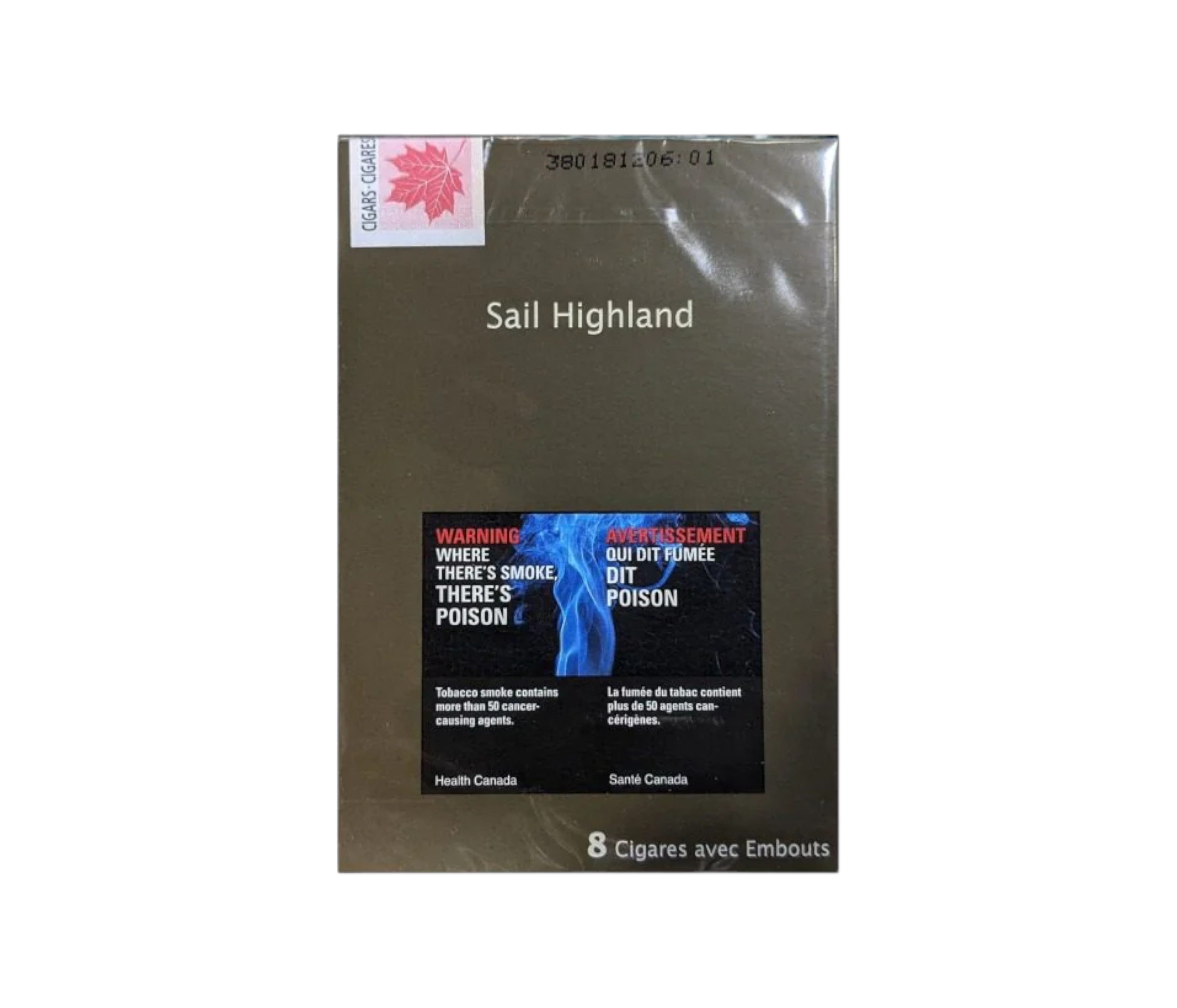 Cigarette pack with 'Sail Highland' branding on a white background