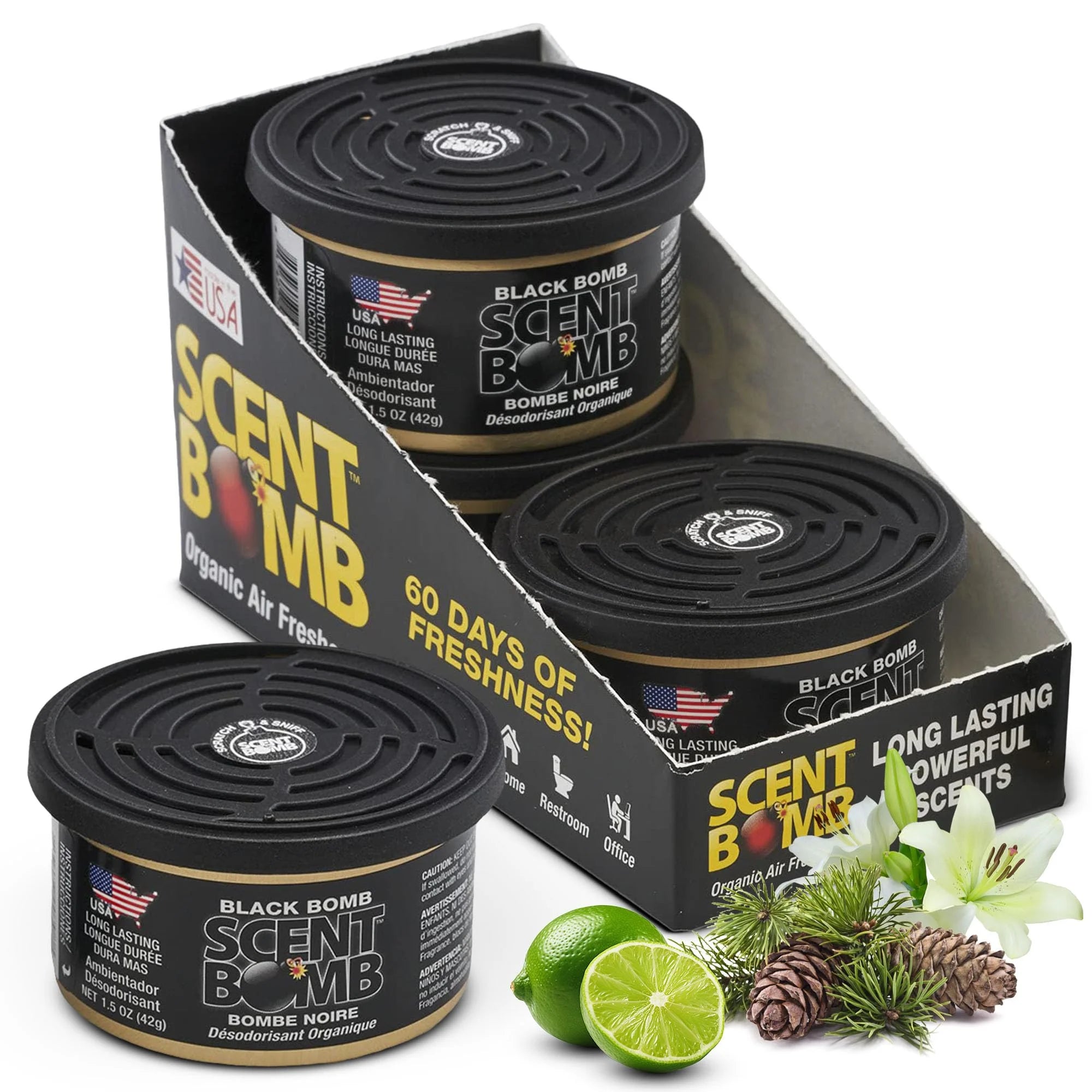 Scent Bomb air freshener with packaging and natural elements on a white background