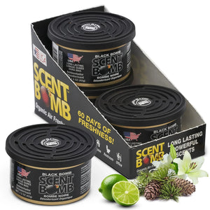 Scent Bomb air freshener with packaging and natural elements on a white background