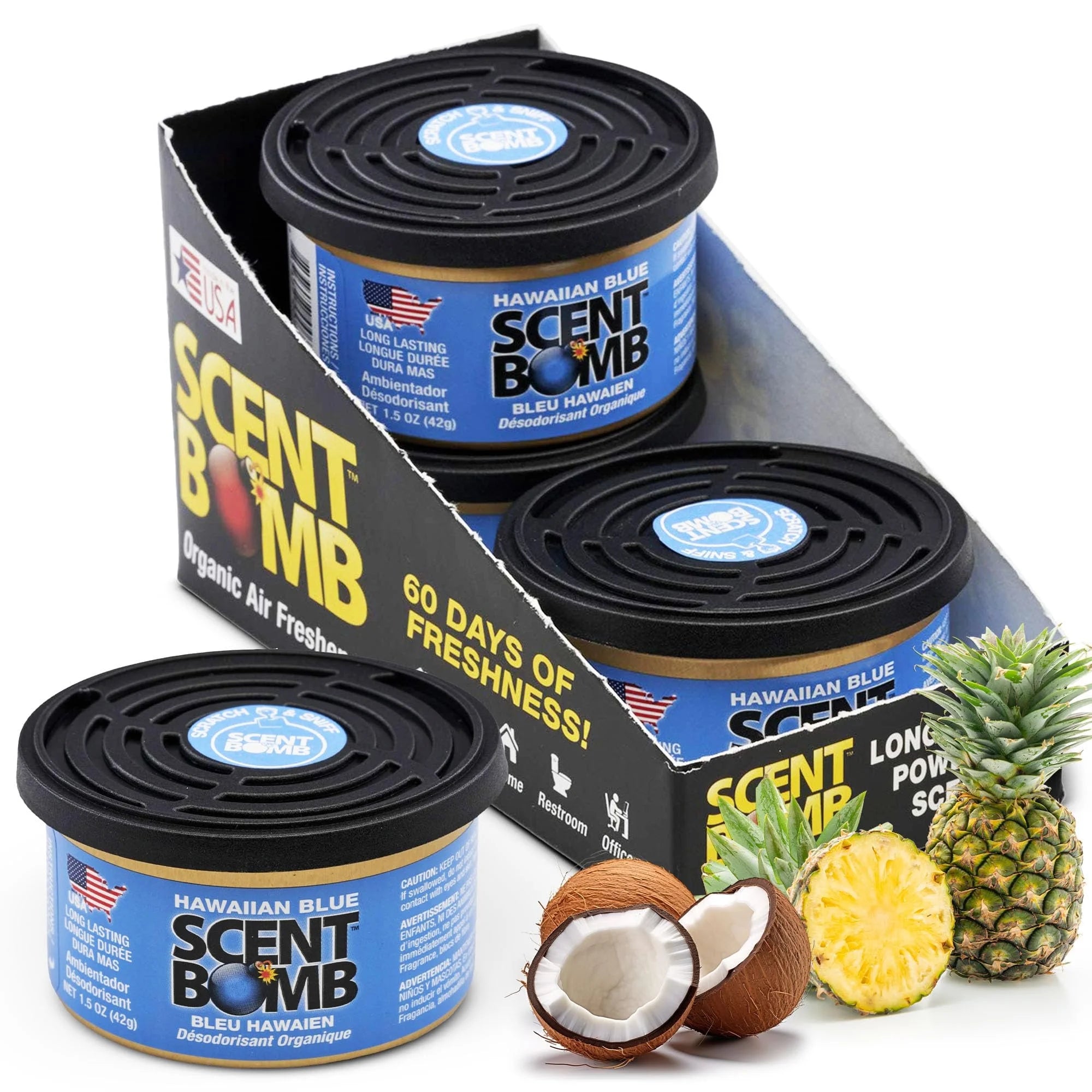 Scent Bomb air fresheners with packaging, pineapple, coconut, and pineapple slices on a white background