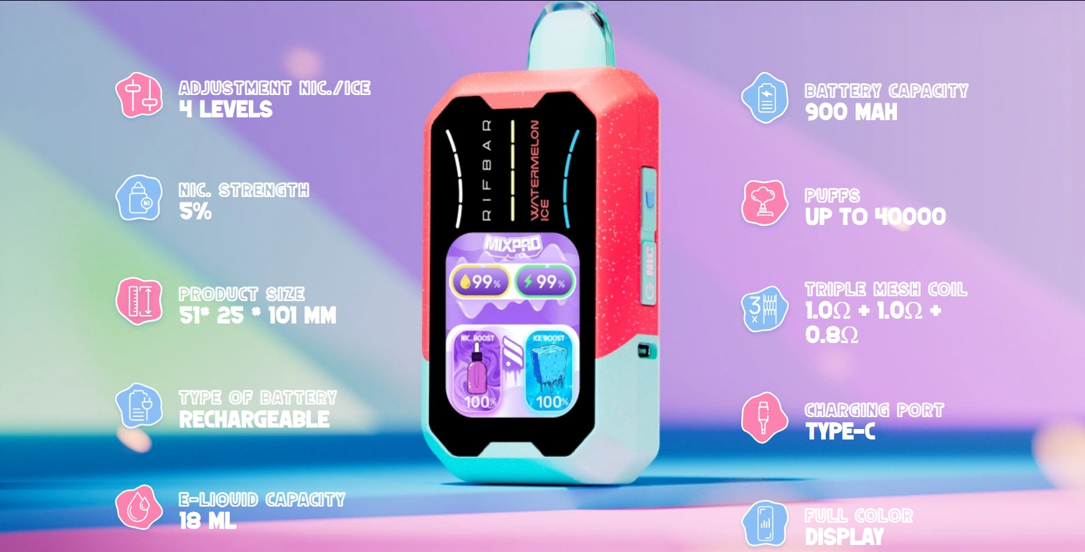 An image of a Rifbar Mixpro disposable vape with a colorful design, displaying features such as battery capacity, screen size, coil type, and liquid capacity.