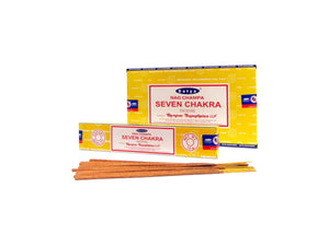 Two boxes of 'Seven Chakra' incense sticks with sticks displayed in front on a white background.