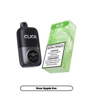 Black Click vape device and green Hi5 vape cartridge packaging on a white background