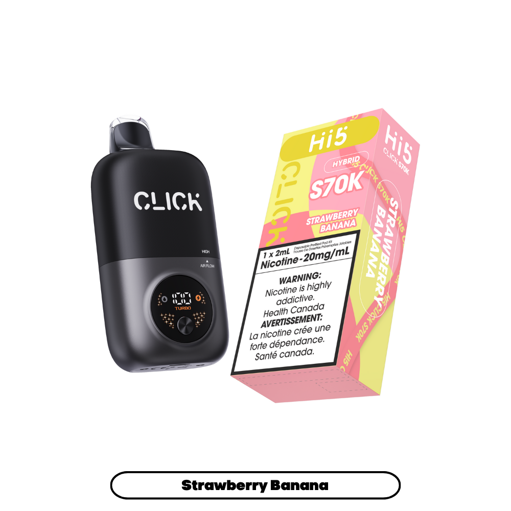 Black Click device and pink S70K vape packaging on a white background