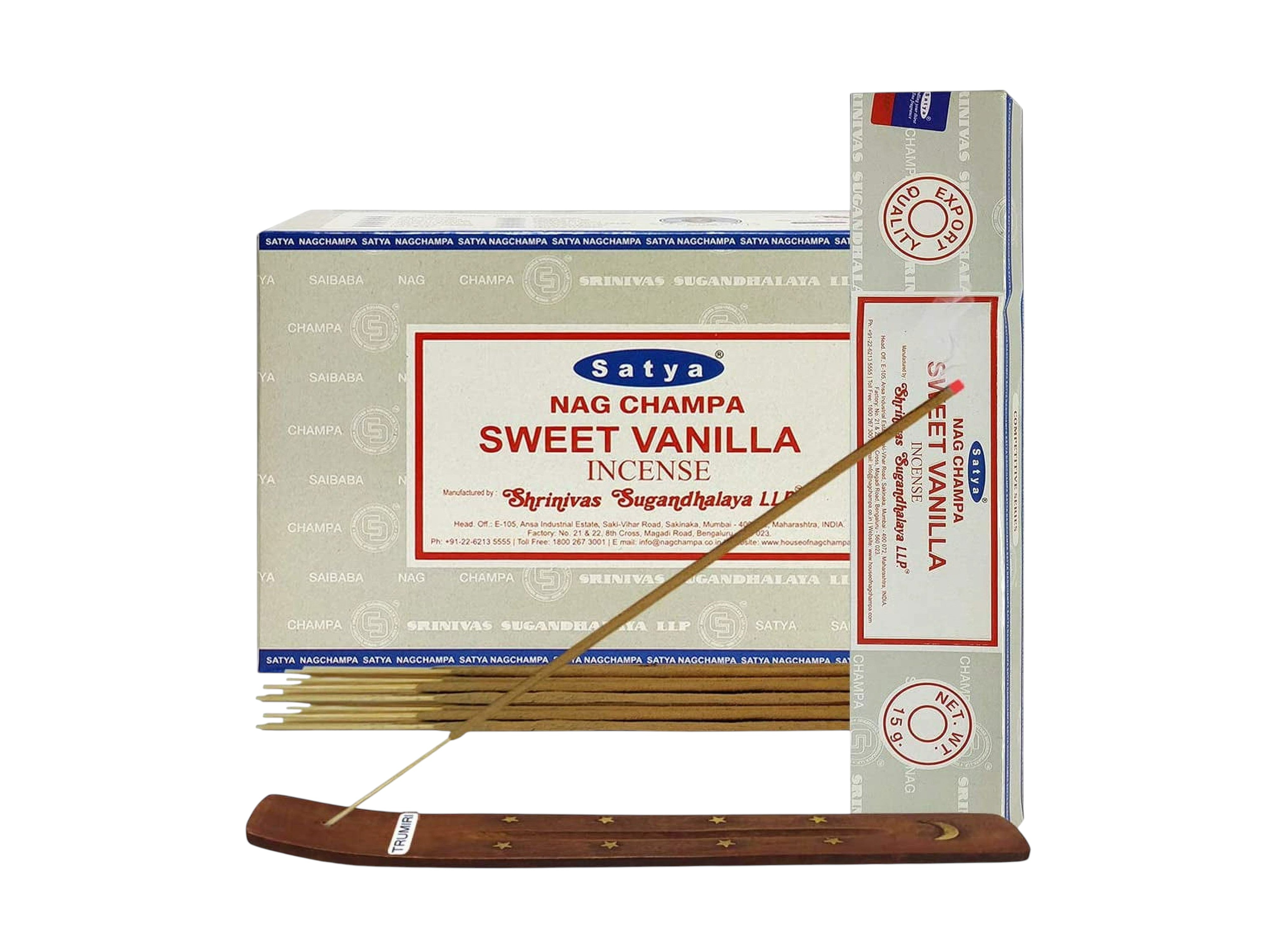 Box of Satya Nag Champa Sweet Vanilla incense with sticks on a white background