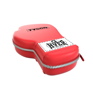 Red boxing glove case with 'Tyson' branding on a white background