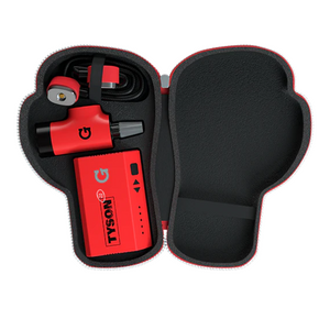 Red and black tool set with battery pack in a black case on a white background