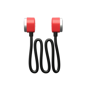 Pair of red and black earbuds on a white background