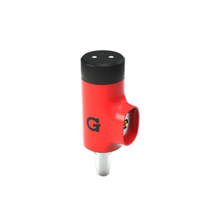 Red and black valve stem cap with a logo on a white background