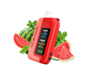 Red electronic device with 'ICENIC' branding surrounded by watermelon slices and leaves on a white background