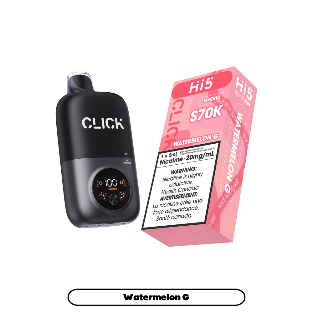 Black Click device with a pink Hi5 vape box on a white background