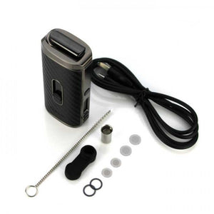 Black electronic device with accessories on a white background