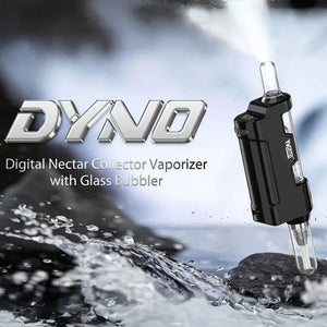 The image features a digital nectar collector vaporizer named DYNO, which is black in color. It is shown with a glass bubbler attachment and is portrayed against a backdrop of water, emphasizing the product's use for vaping.