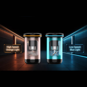 Two cylindrical devices with different colored lights on a dark background