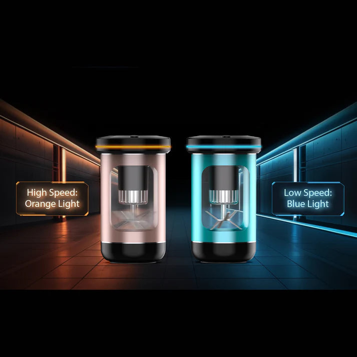 Two cylindrical devices with different colored lights on a dark background