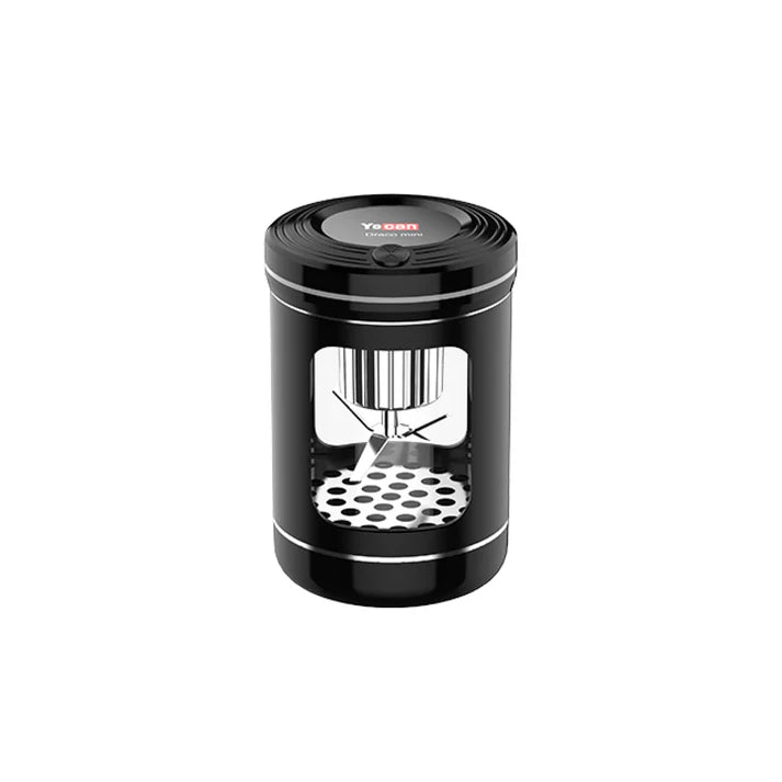 Black coffee grinder with visible brand logo on a white background