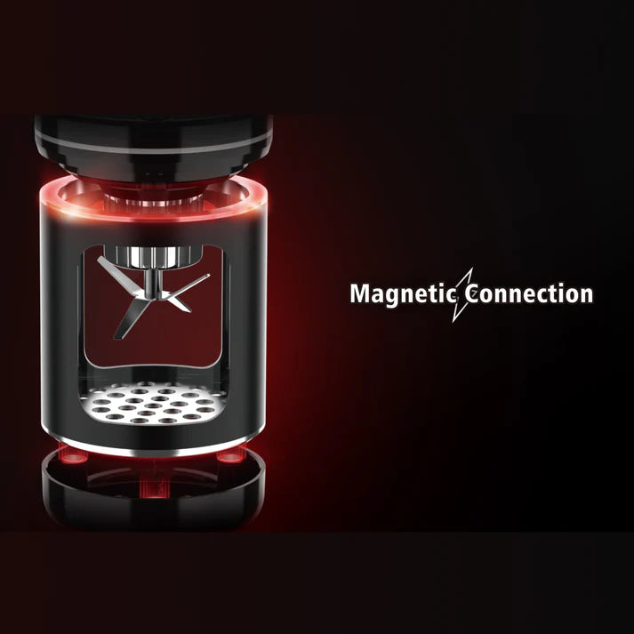 Coffee grinder with 'Magnetic Connection' text on a dark background