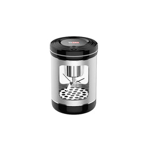 Black and silver coffee grinder on a white background