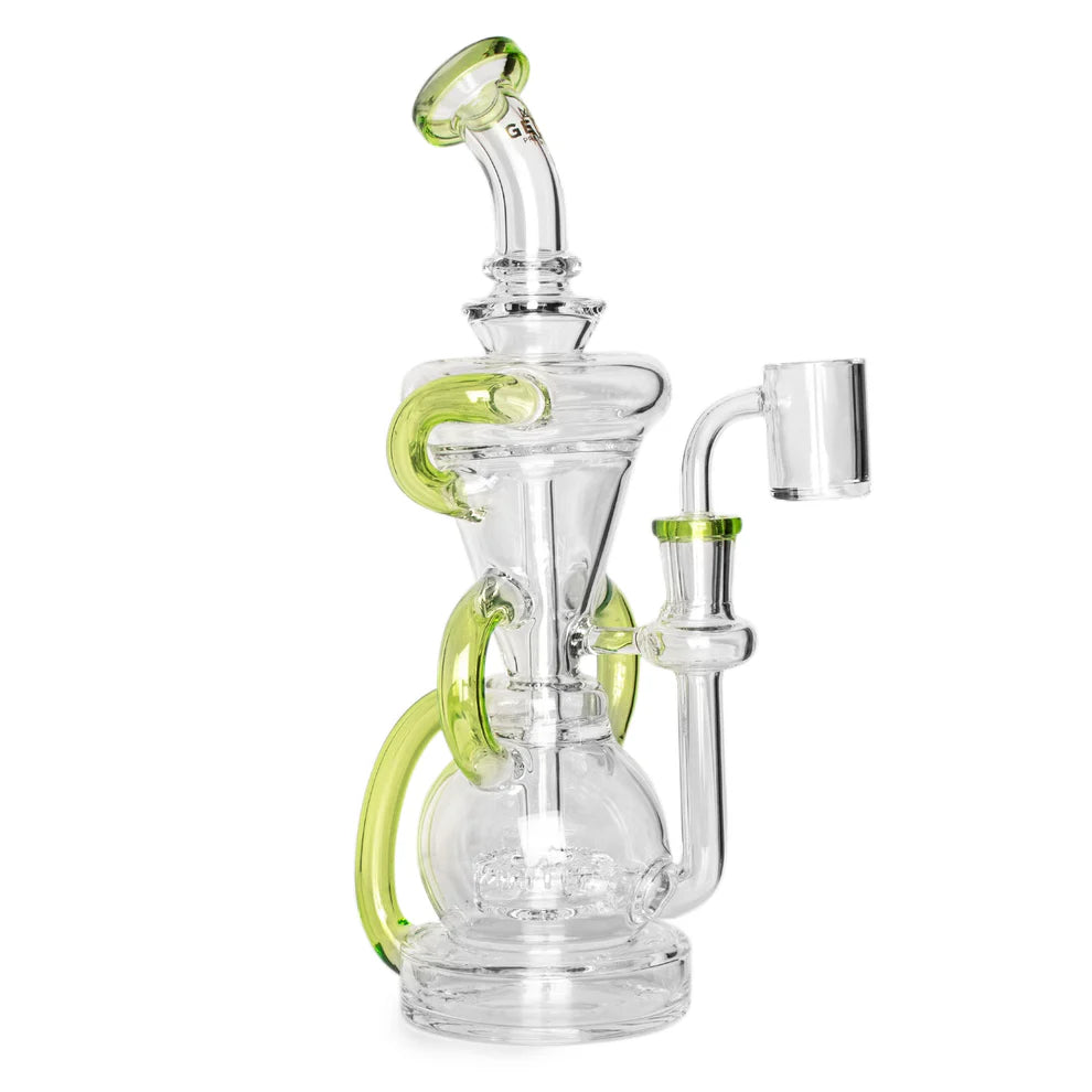 Clear glass water pipe with green accents on a white background