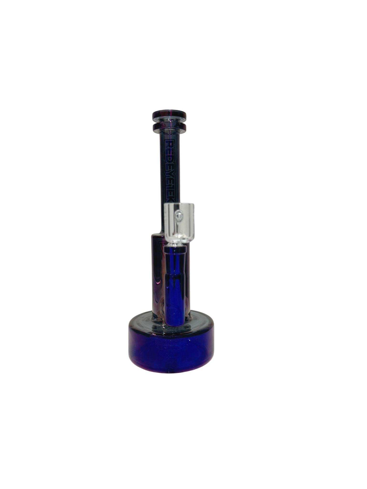 Blue and black cylindrical device on a white background