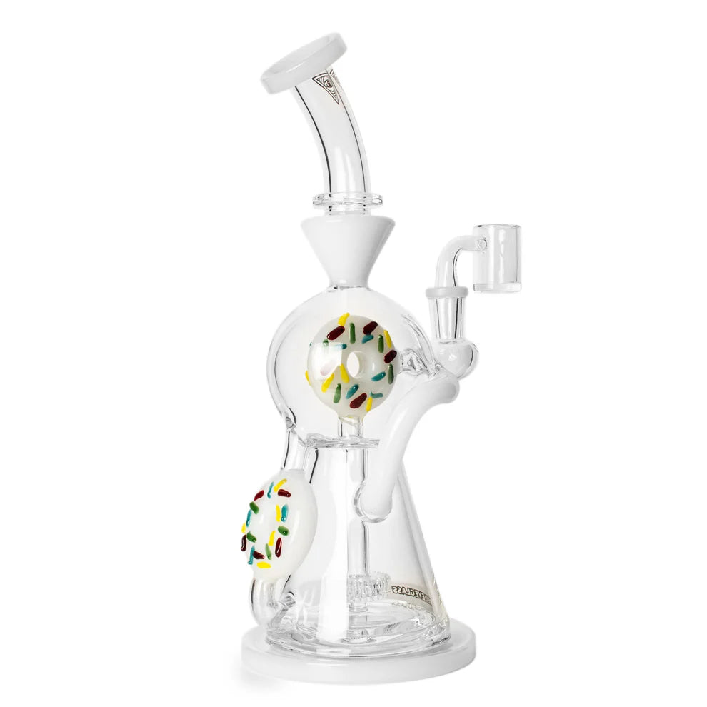Glass smoking device with colorful donut design on a white background