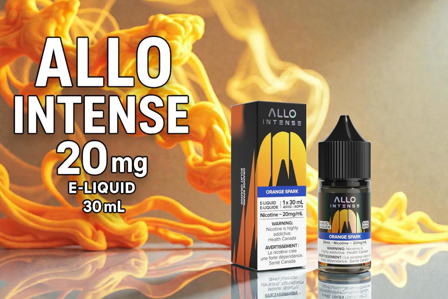 Allo Intense E-Liquid packaging with orange smoke effect