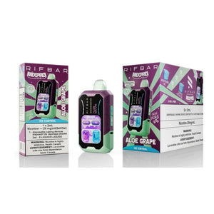Rif Bar vape device and packaging with 'Aloe Grape' flavor on a white background