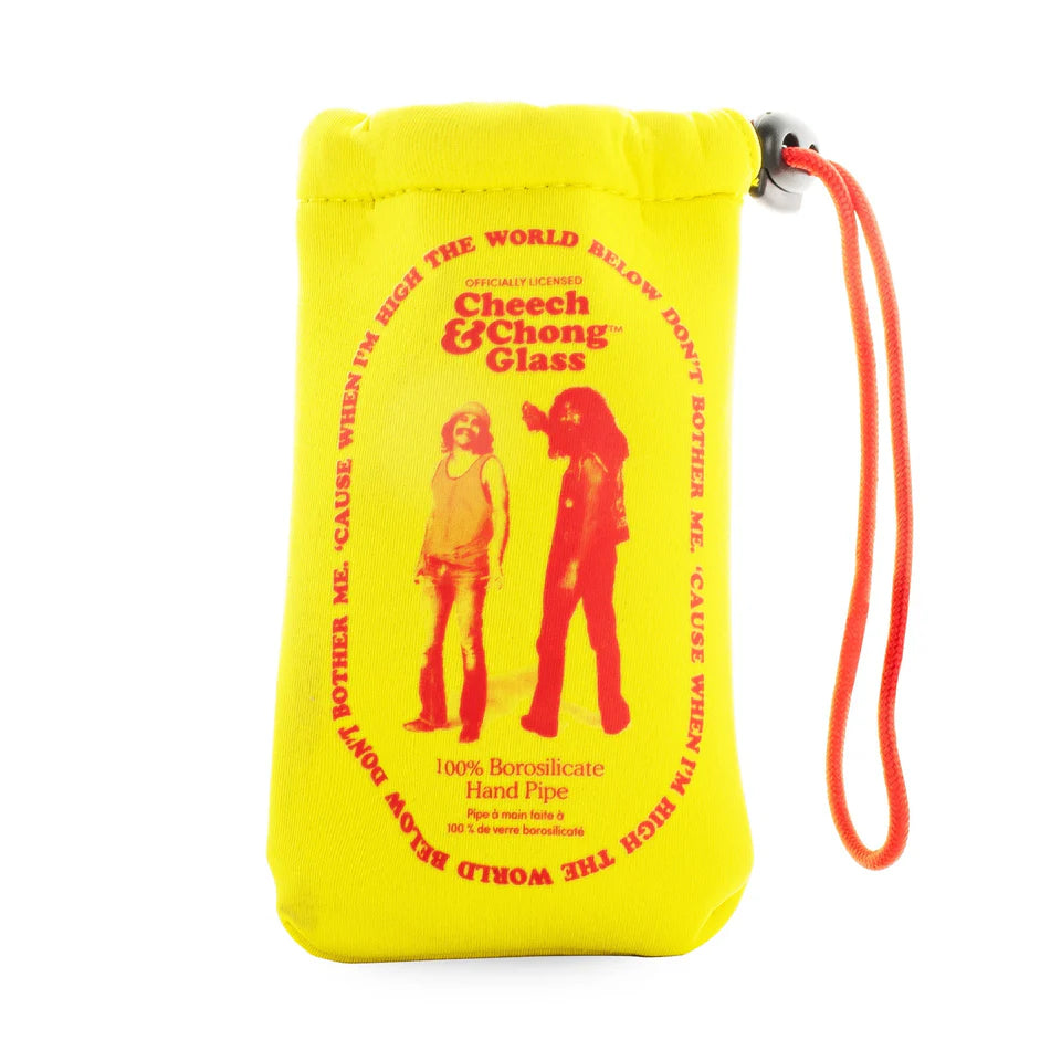 Yellow drawstring bag with red text and graphics on a white background