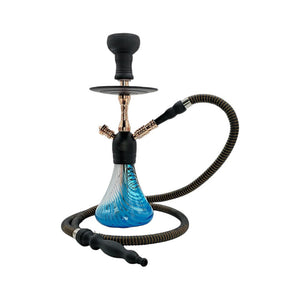 Hookah with blue glass base and black hose on white background
