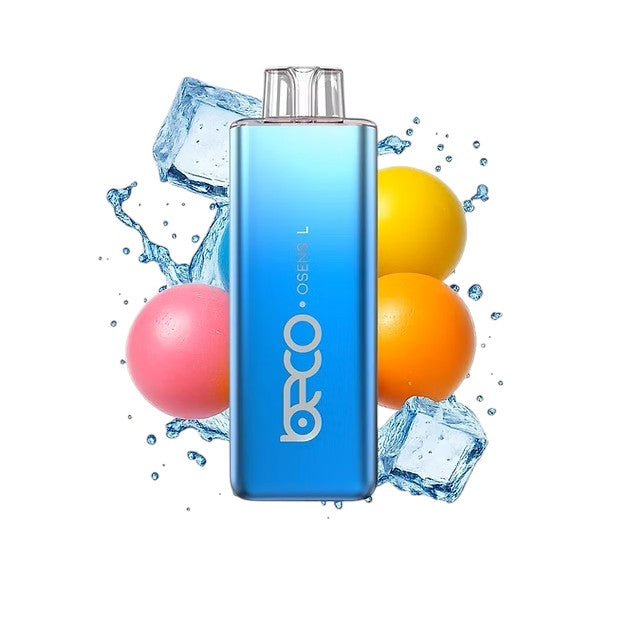 Blue vape device with 'Vaporesso' branding surrounded by ice cubes and colorful balls on a white background