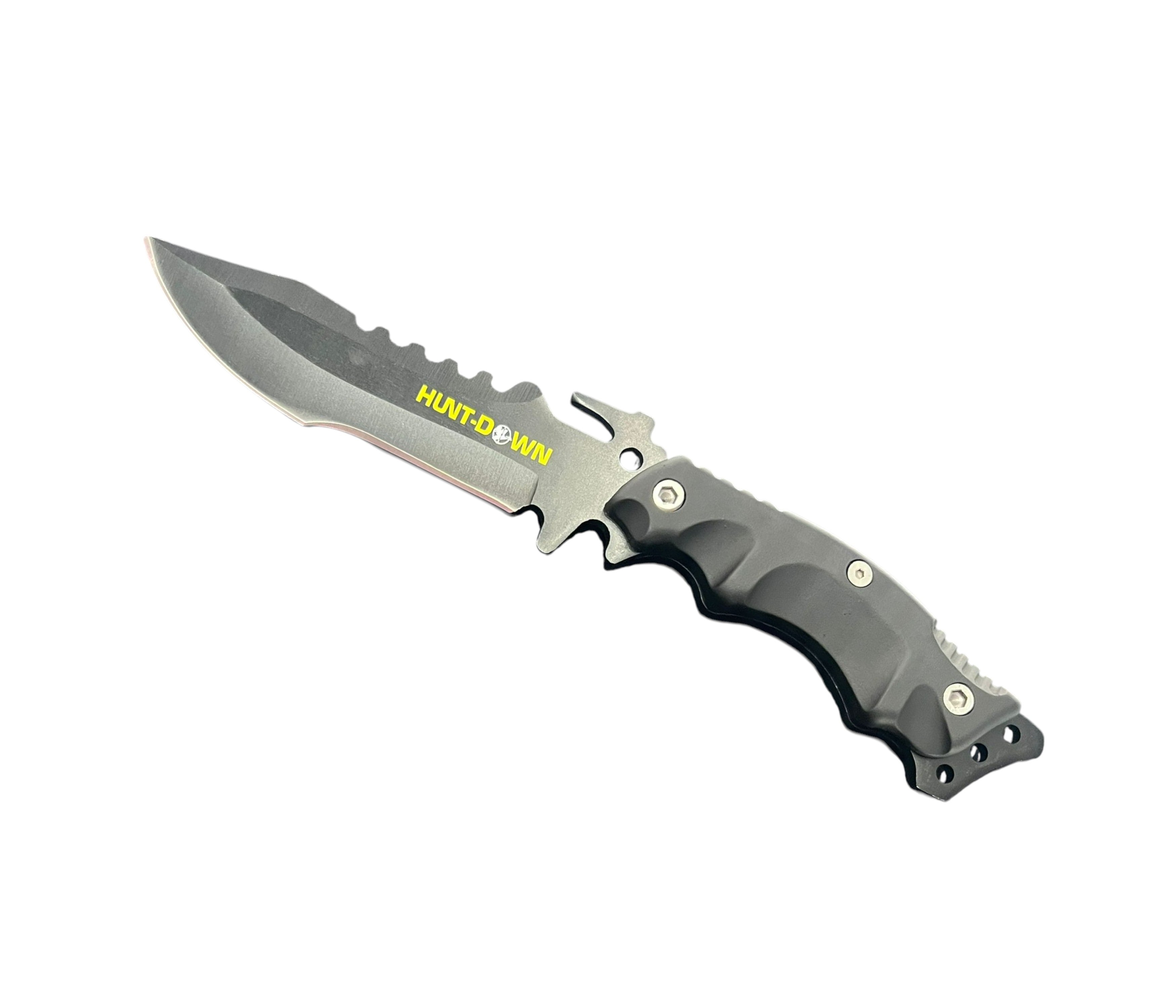 Gray folding knife with a yellow label on a white background