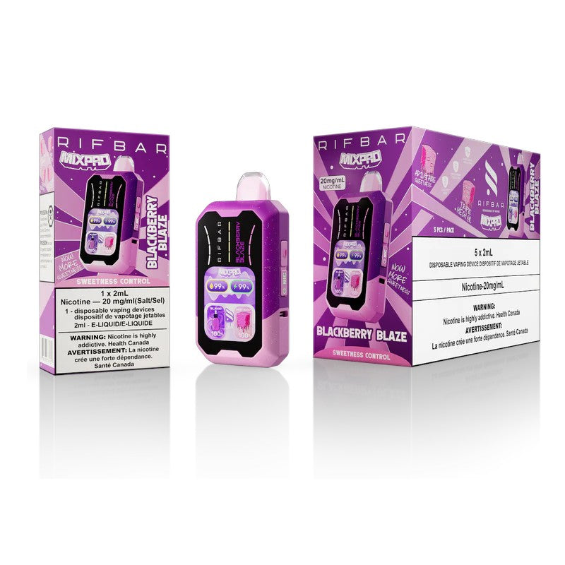 Purple vape device with packaging labeled 'Rifbar' on a white background