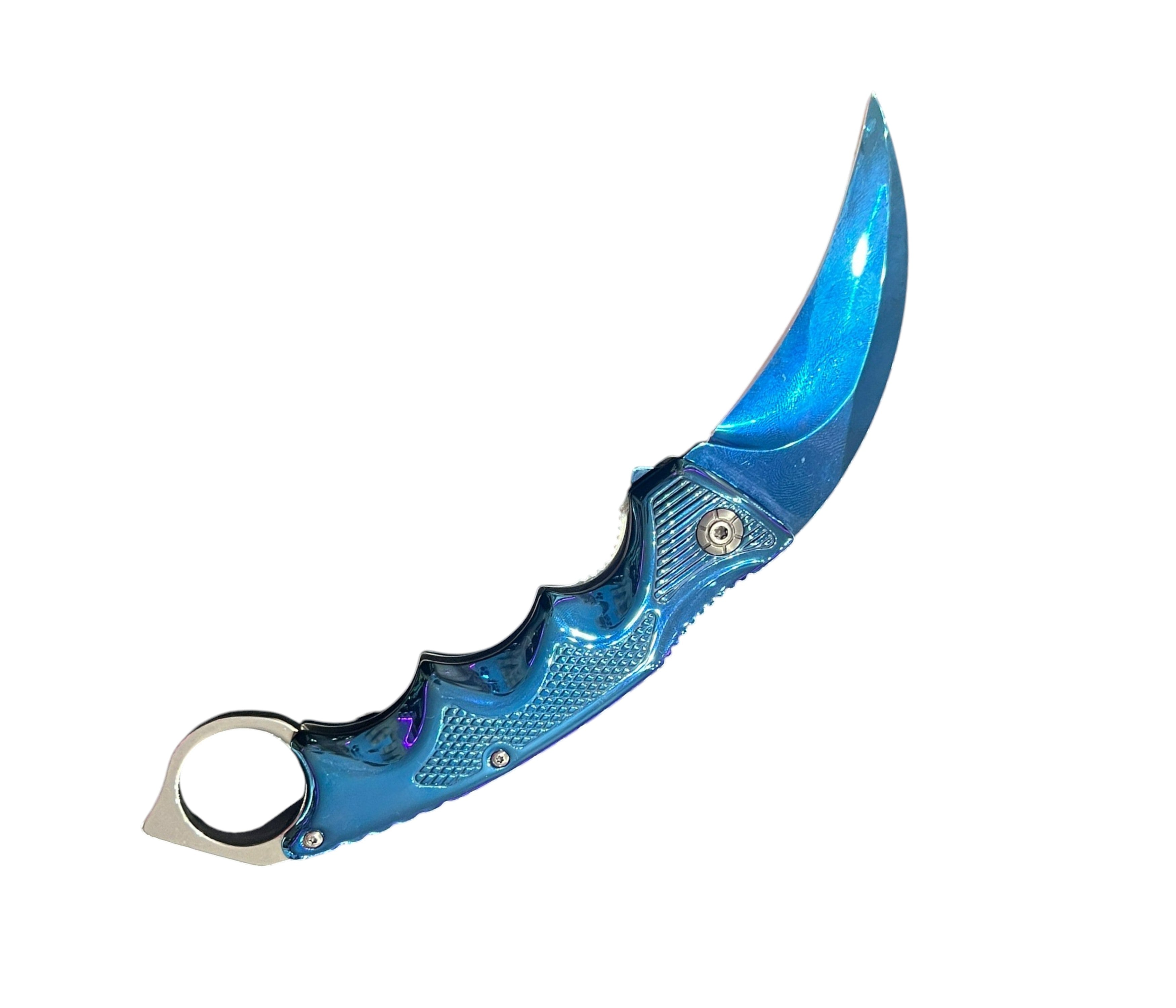Blue dagger with a metallic handle on a white background