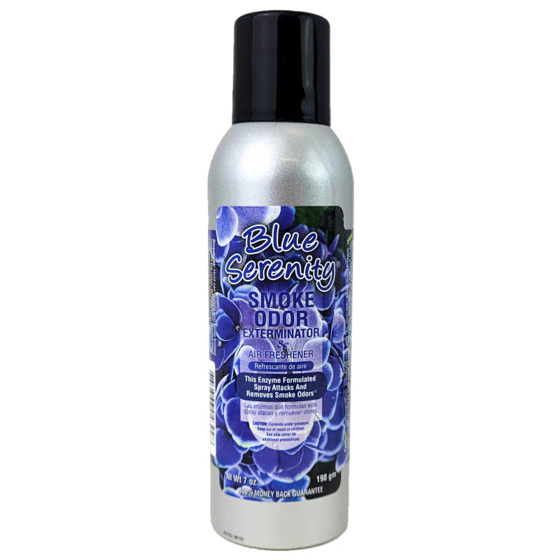 Blue Serenity Smoke Odor Exterminator spray bottle on a white background