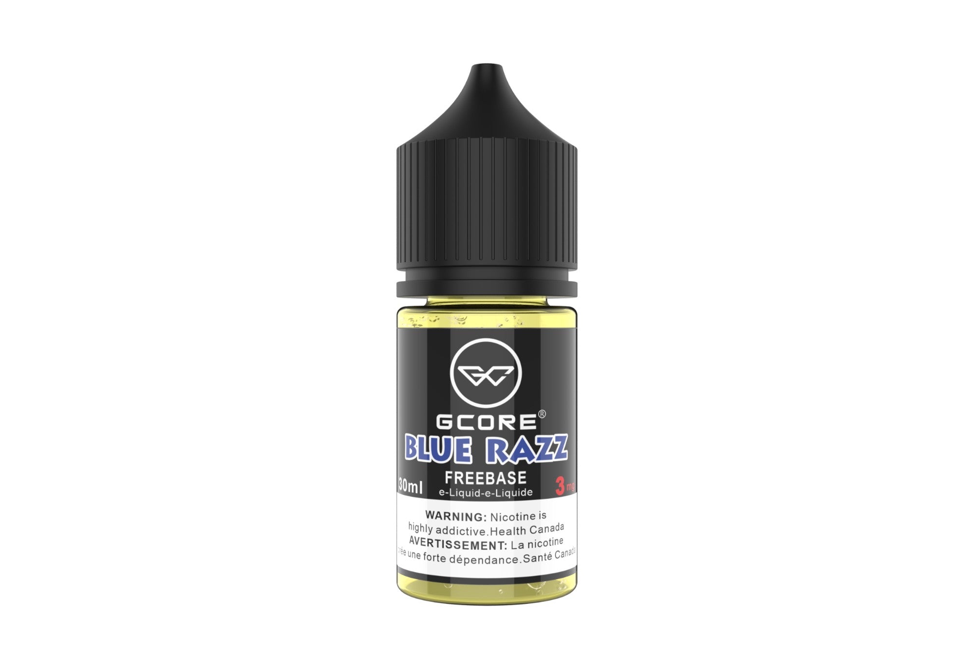 Gcore Blue Razz freebase vape juice bottle on a white background