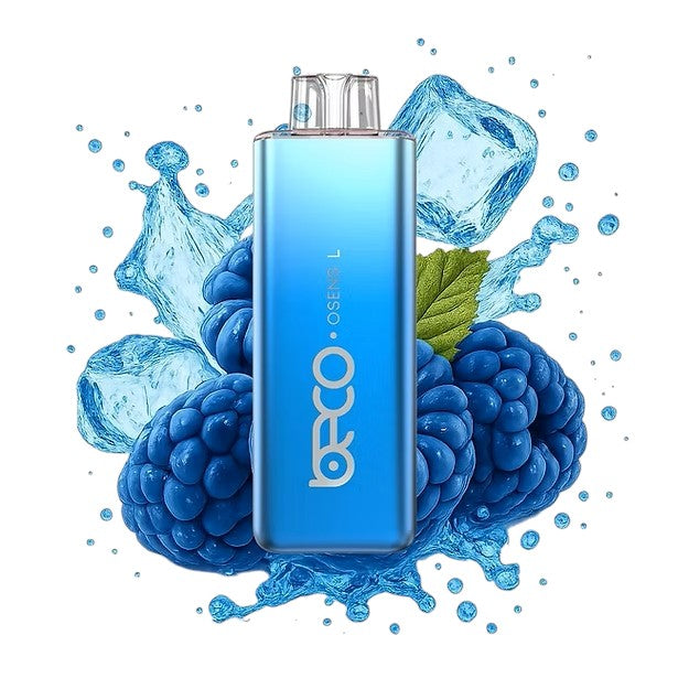 Blue vape device with berries and ice cubes on a white background