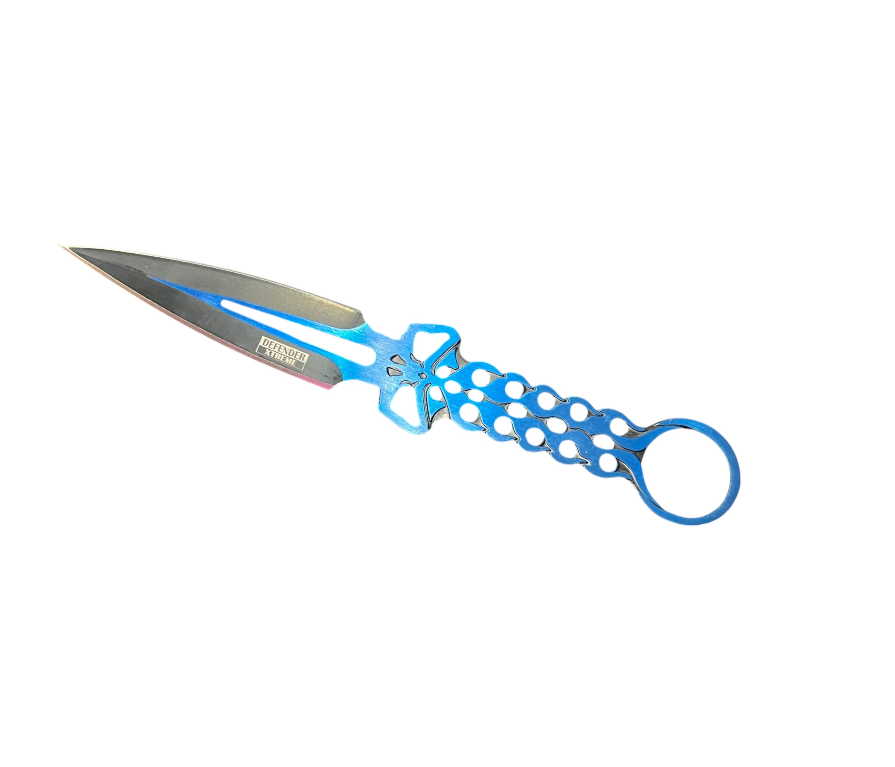 Blue and silver knife with a unique handle design on a white background