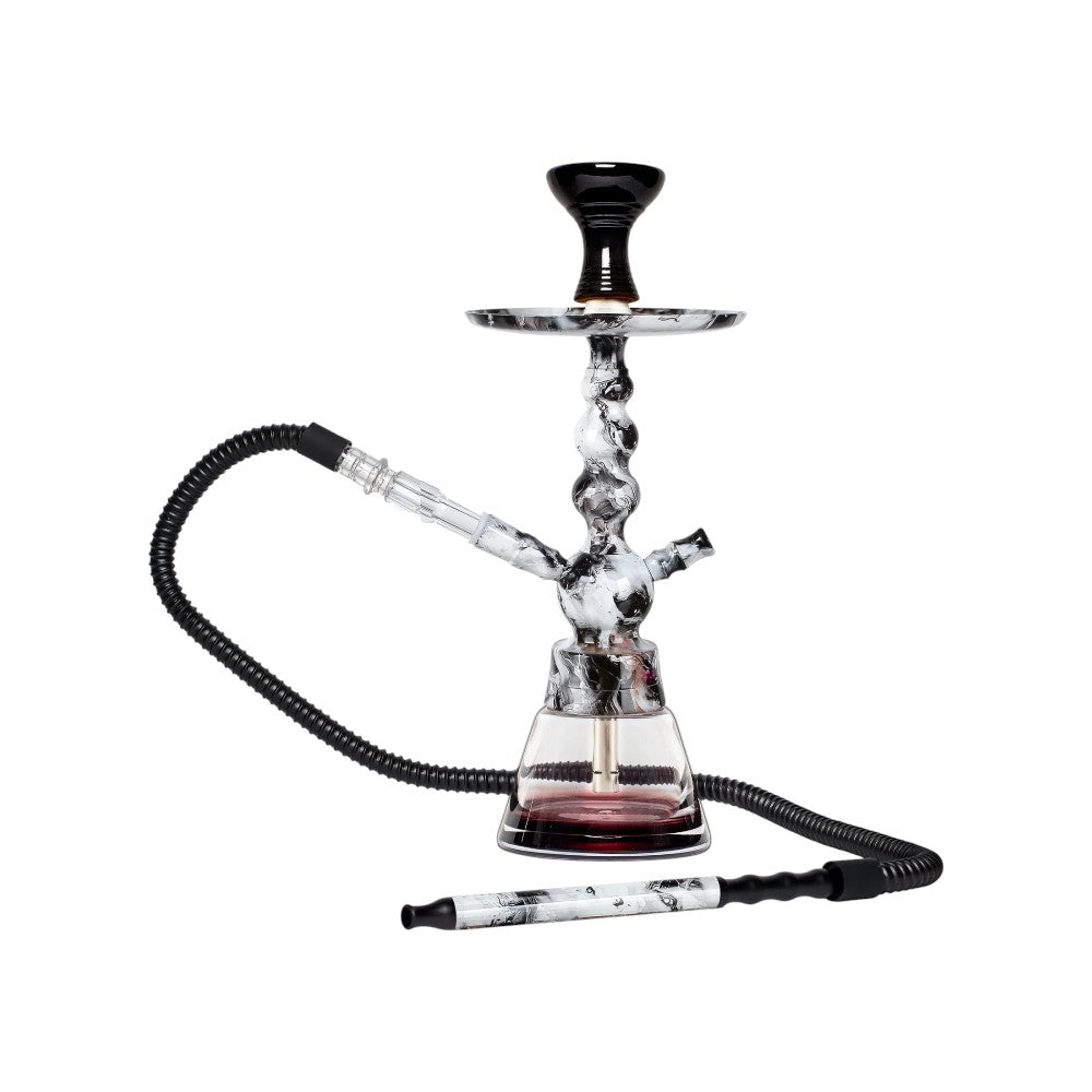 Glass hookah with black and white hose on white background