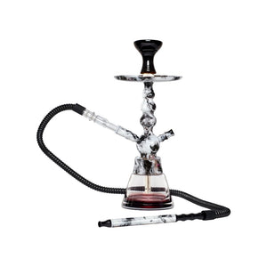 Glass hookah with black and white hose on white background