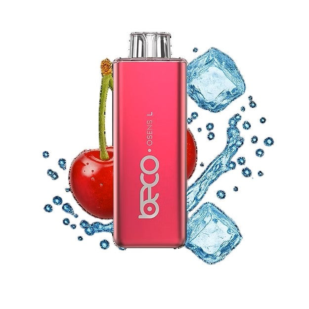 Pink vape device with cherry and ice cubes on a white background