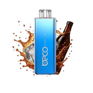 Blue vape device with 'ORCO' branding surrounded by splashes of liquid on a white background