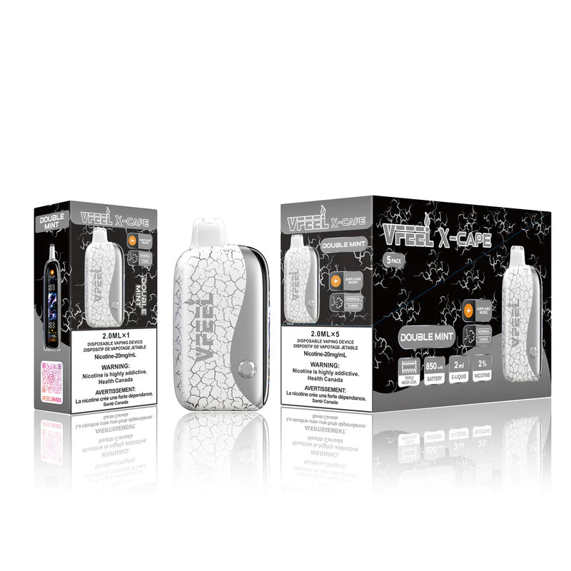 Vape device and packaging with 'Vfeel' branding on a white background