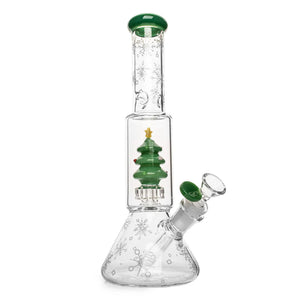 Clear glass water pipe with green accents on a white background