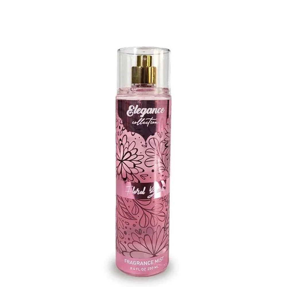 Pink fragrance mist bottle with floral design on a white background