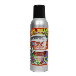 Silver can of 'Flower Power' smoke odor exterminator air freshener on a white background