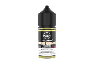 Vape juice bottle with black cap and labeled branding on a white background