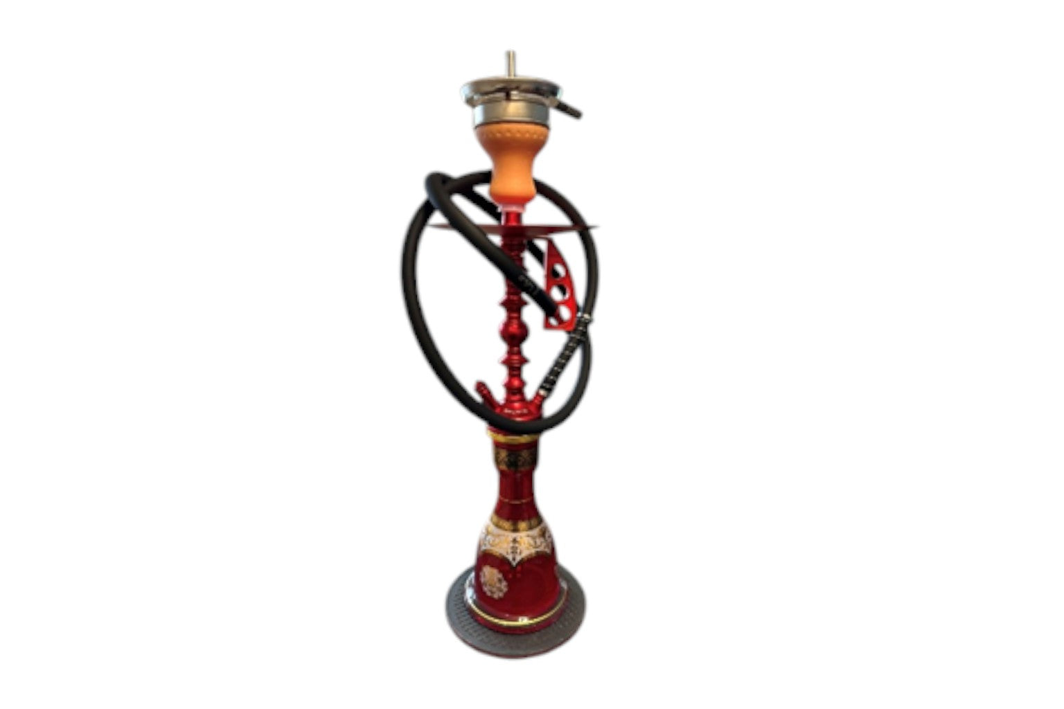 Hookah with red and black design on a white background